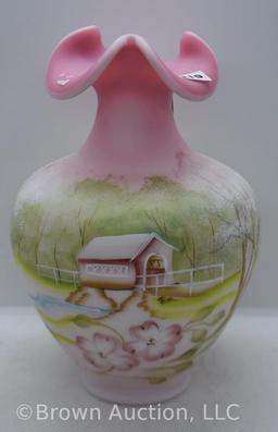 Fenton Burmese Satin hand painted 9" vase