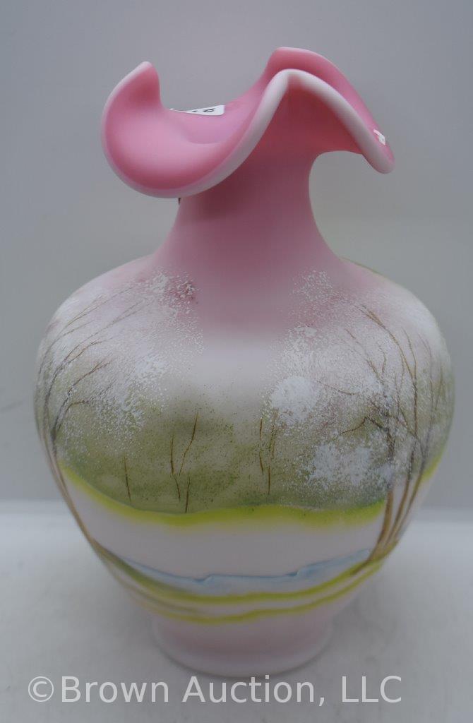 Fenton Burmese Satin hand painted 9" vase