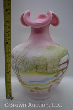 Fenton Burmese Satin hand painted 9" vase