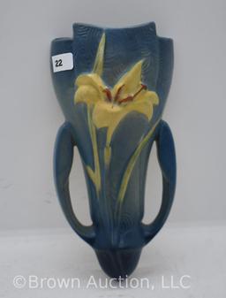 Roseville Zephyr Lily 1297-8" wall pocket, blue