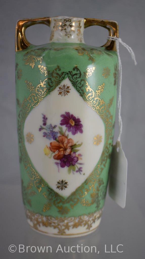 (2) Porcelain 6" vases with hand painted Mythological scenes