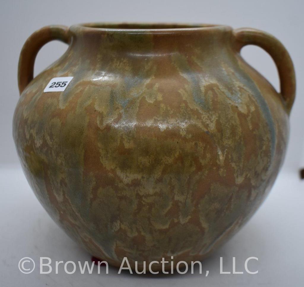Zanesville Stoneware Co. Vulcan glaze 7.5" dbl. handled bowl/vase