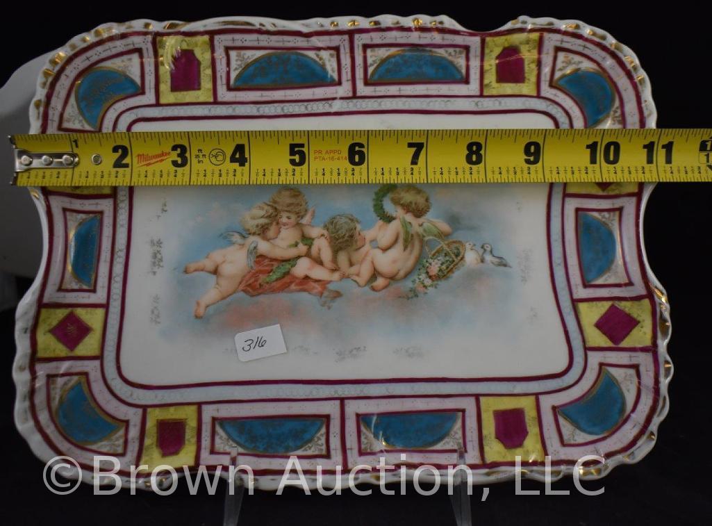 (2) Hand painted porcelain dresser trays, 1 mrkd. Vienna/beehive