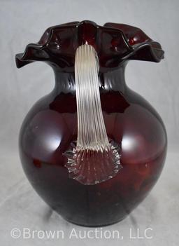 Fenton Ruby red Coin Spot/Dot 9" pitcher w/clear reeded handle