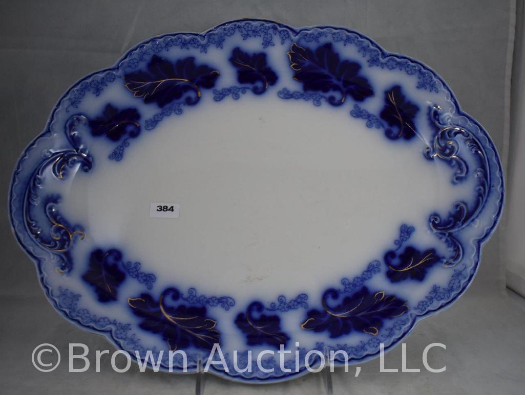 Large blue and white platter, large leaves border