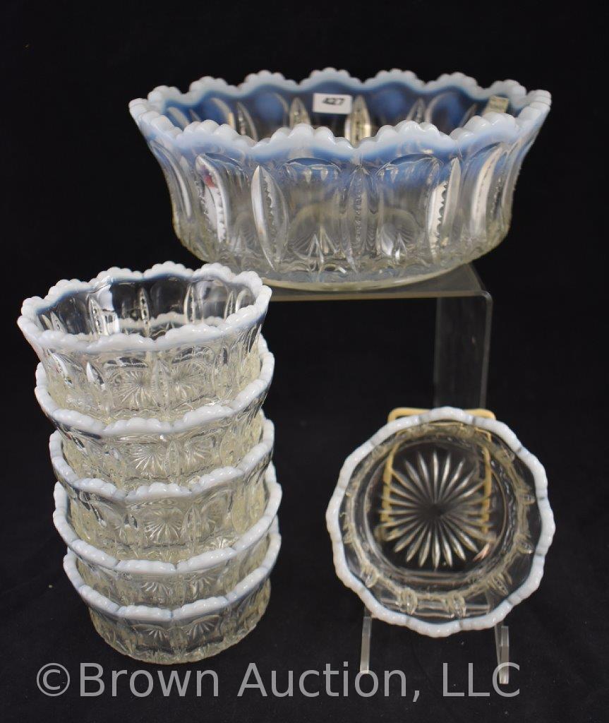 White opalescent glass Iris w/Meander 7 pc. berry set