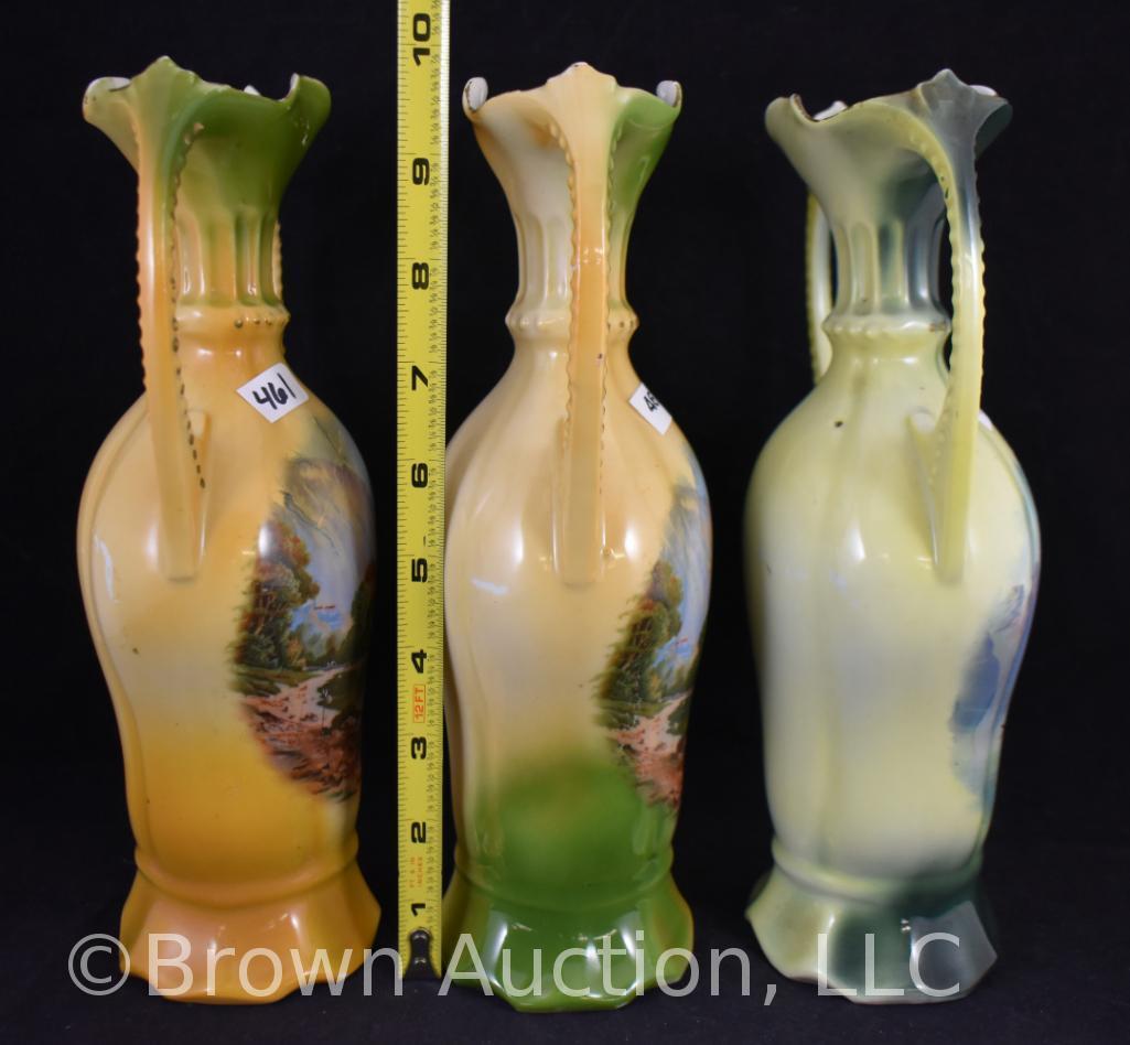 (3) Mrkd. Germany 10" vases, castle and water scenes