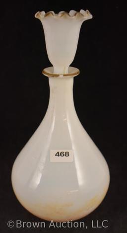 White Bristol glass 9" decanter w/trumpet flower-shaped stopper