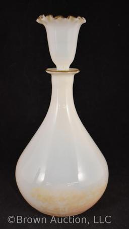 White Bristol glass 9" decanter w/trumpet flower-shaped stopper