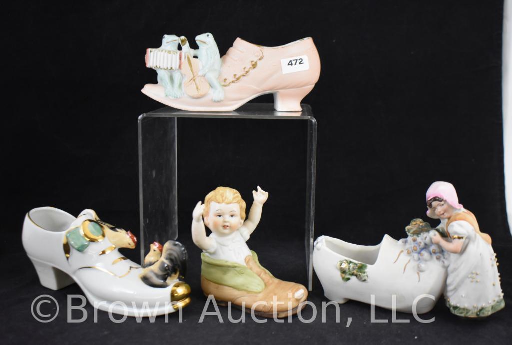 (3) Novelty porcelain shoe planters and (1) figurine`