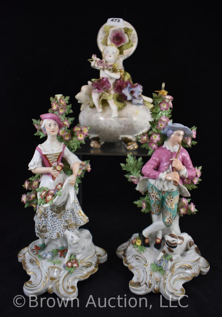 (2) Meissen-style man and woman figurines and (1) mrkd. Hobe Dresden perfume scent bottle