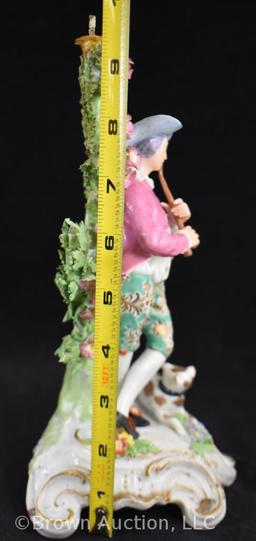 (2) Meissen-style man and woman figurines and (1) mrkd. Hobe Dresden perfume scent bottle