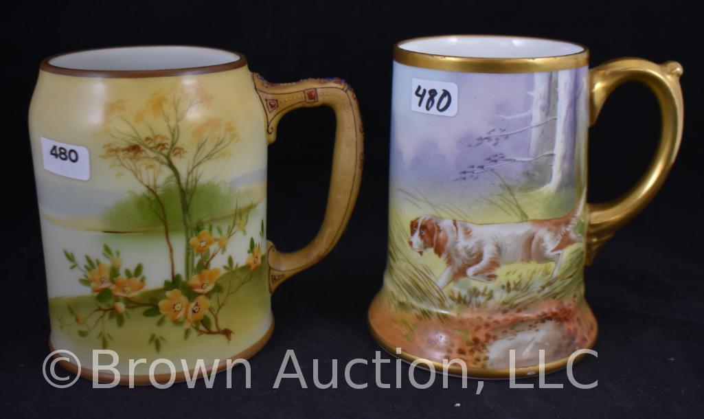 (2) Hand painted porcelain 5"h mugs