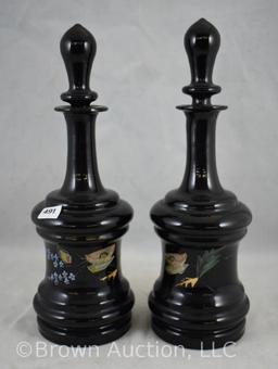 Pr. Vintage shiny black glass Art Deco-style decorated 10" decanters w/stoppers