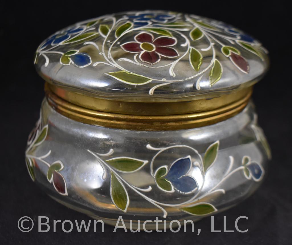 Clear glass 5.25" round dia. Dresser box w/enamelled red and blue flowers