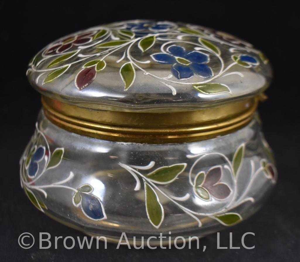 Clear glass 5.25" round dia. Dresser box w/enamelled red and blue flowers