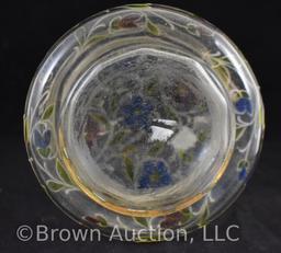 Clear glass 5.25" round dia. Dresser box w/enamelled red and blue flowers