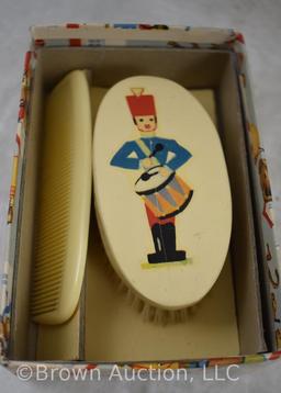Child's comb and brush set, original box; Glover's medicated shampoo soap; Celluloid nail set