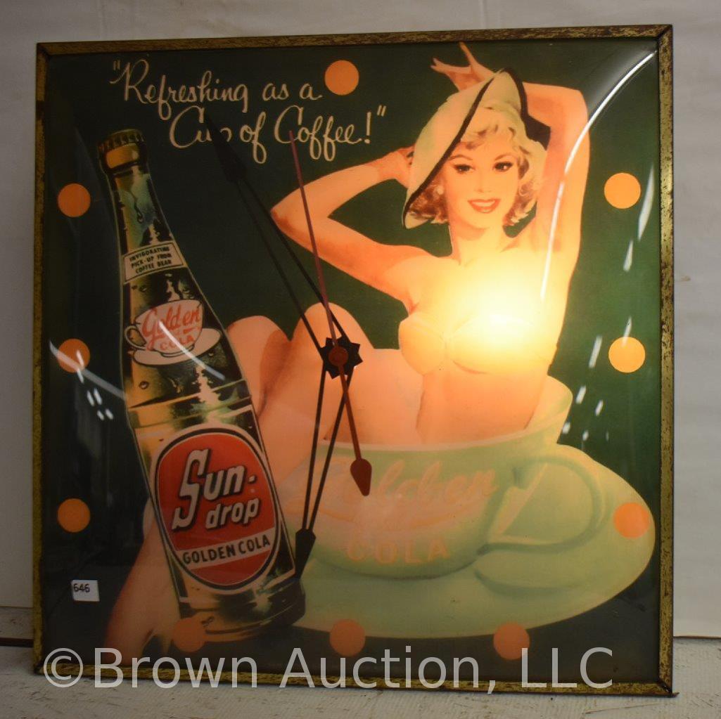 Sun-drop Golden Cola Pam Clock Co. bubble glass advertising clock