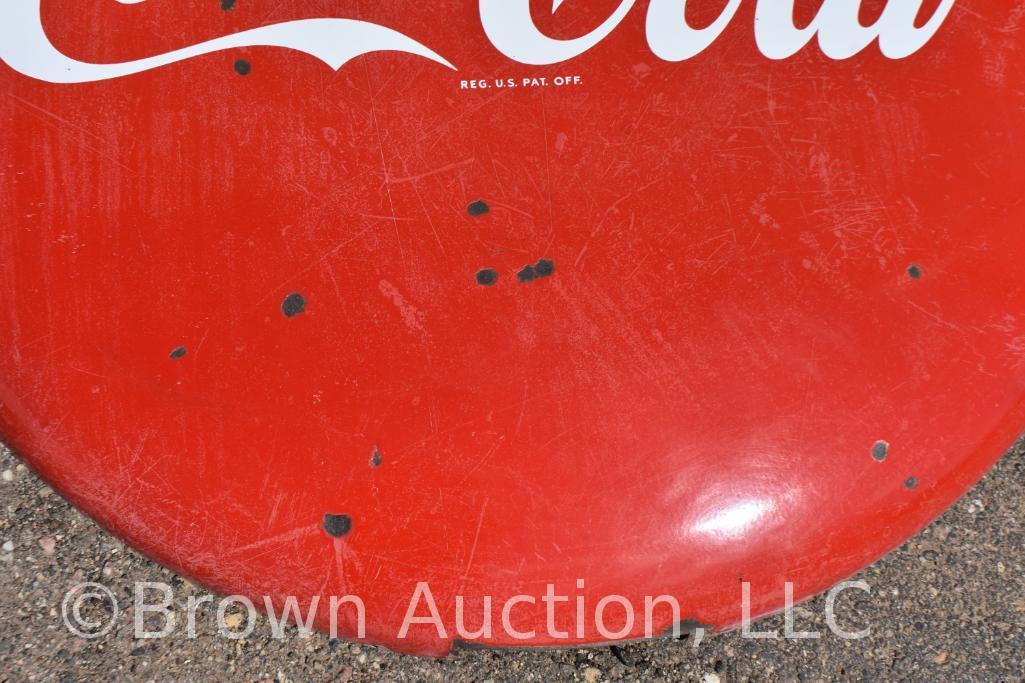 Coca-Cola porcelain 4' button advertising sign, cut out at bottom for pole