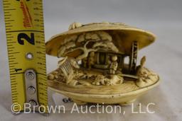 Carved Japanese clam shell diorama scene in Netsuke style