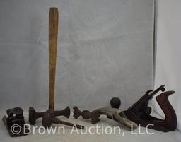 Assorted old tools incl. (2) wood planes, oil spout,