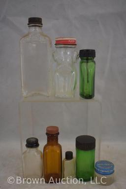 Assortment of old medicine bottles and tins + First Aid kit w/contents