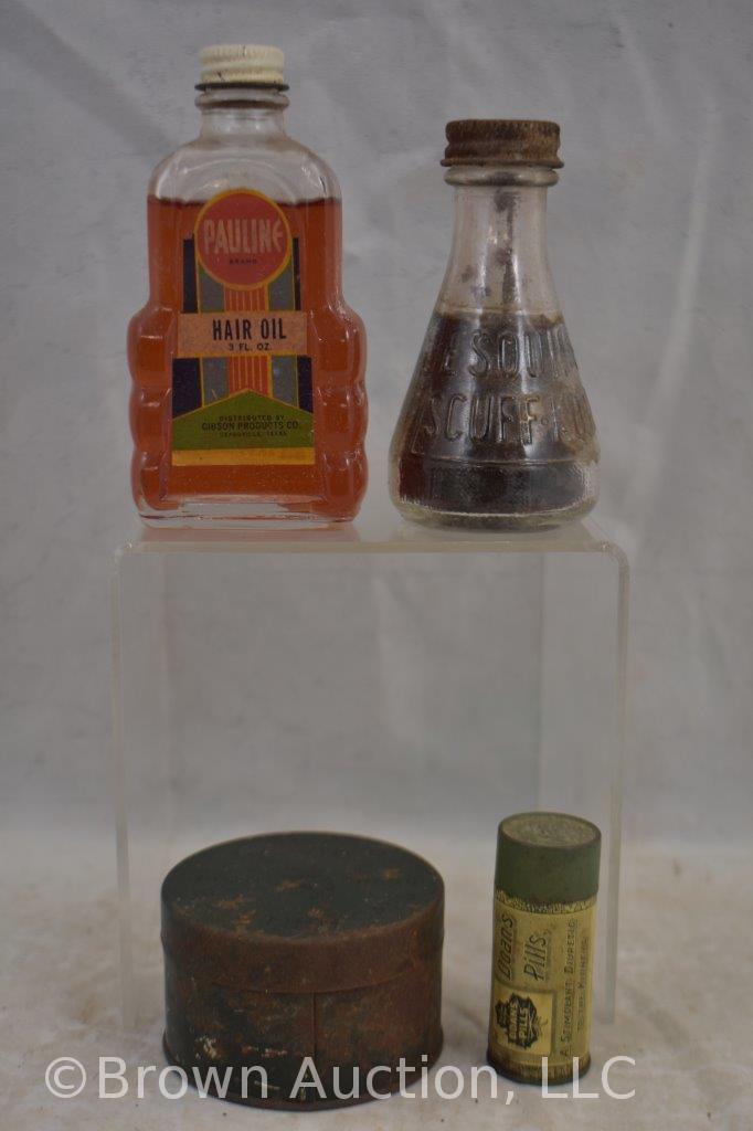 Assortment of old medicine bottles and tins + First Aid kit w/contents