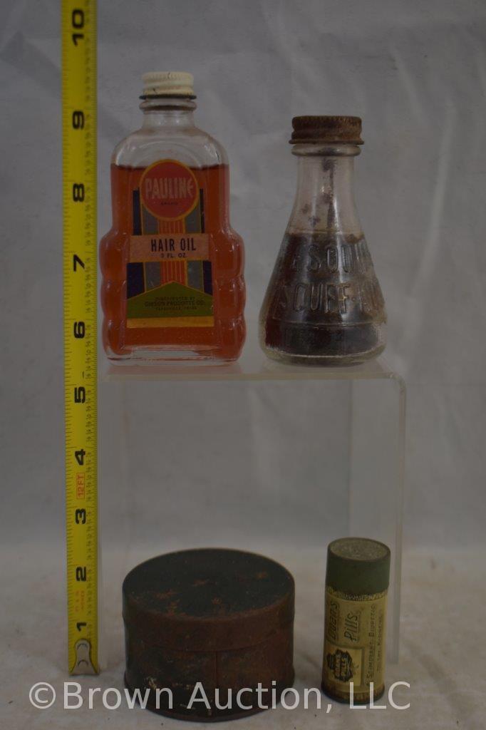 Assortment of old medicine bottles and tins + First Aid kit w/contents