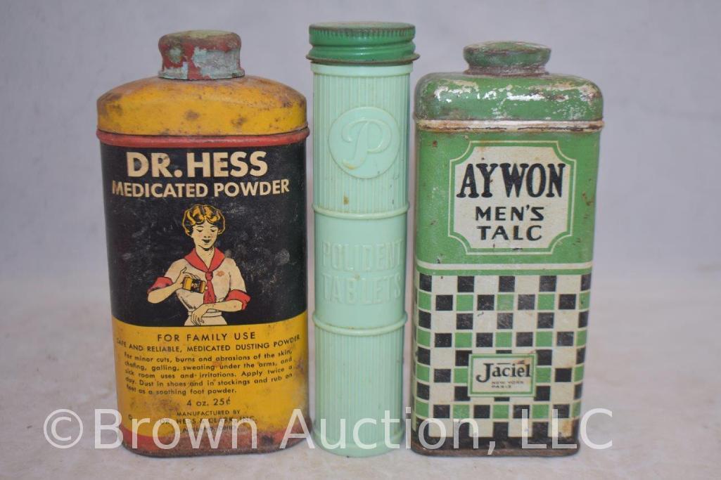 Assortment of old medicine bottles and tins + First Aid kit w/contents