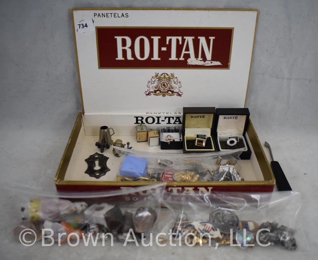 Box lot of miscl. Incl. Roi-Tan cigar box, tie tacks, cuff links (Onyx and Tiger Eye), jewelry,