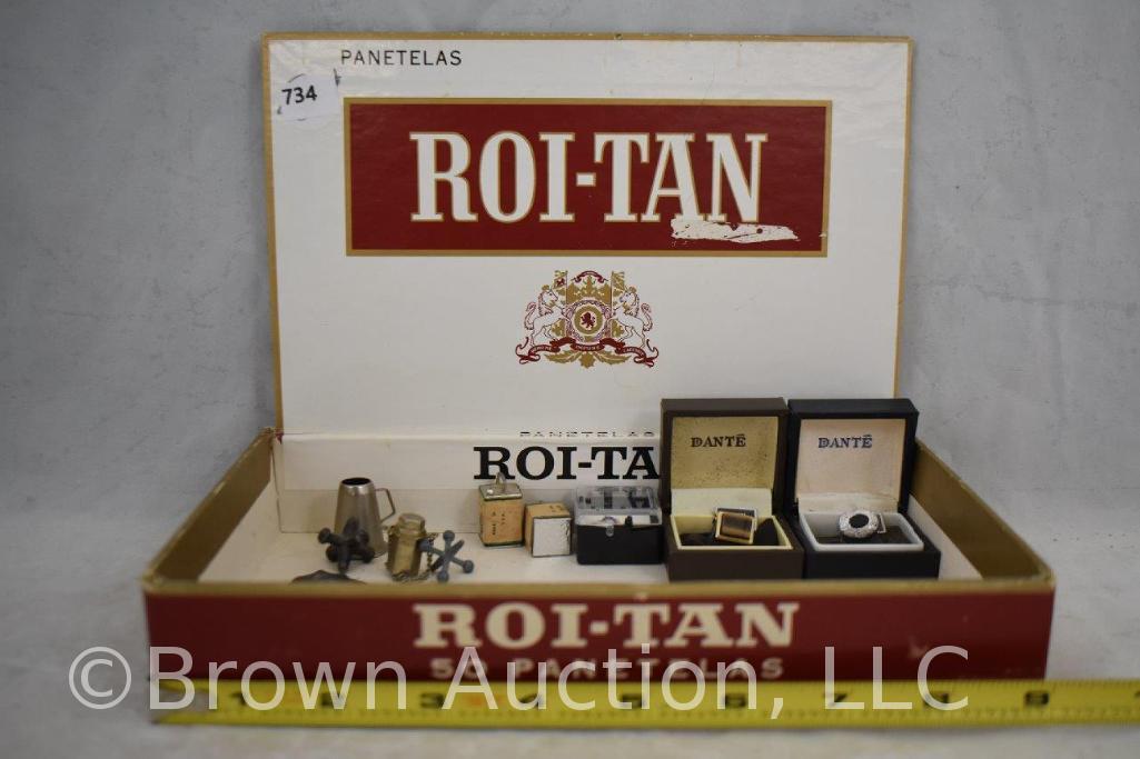 Box lot of miscl. Incl. Roi-Tan cigar box, tie tacks, cuff links (Onyx and Tiger Eye), jewelry,