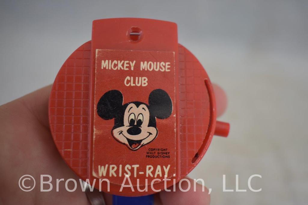 (5) 1950's Russell miniature card games for children, plastic Mickey Mouse Cub Wrist-Ray, miniature