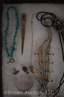 Assortment of Native Indian jewelry inc. turquoise necklaces, bracelet, bolo tie, belt buckles, etc.