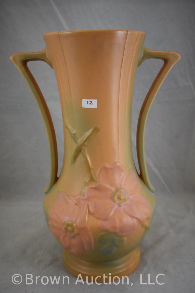 Mrkd. Weller Wild Rose 16" dbl. handled vase, brown