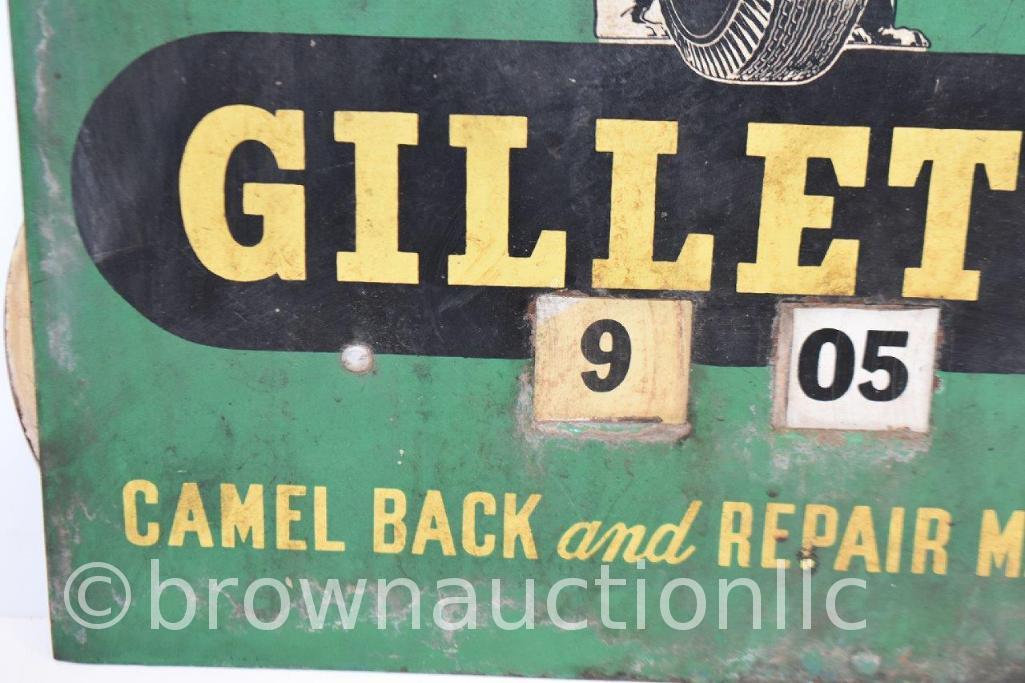 Gillette Tires single sided tin rotating calendar sign