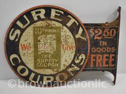 Surety Coupons dbl. sided tin flange sign