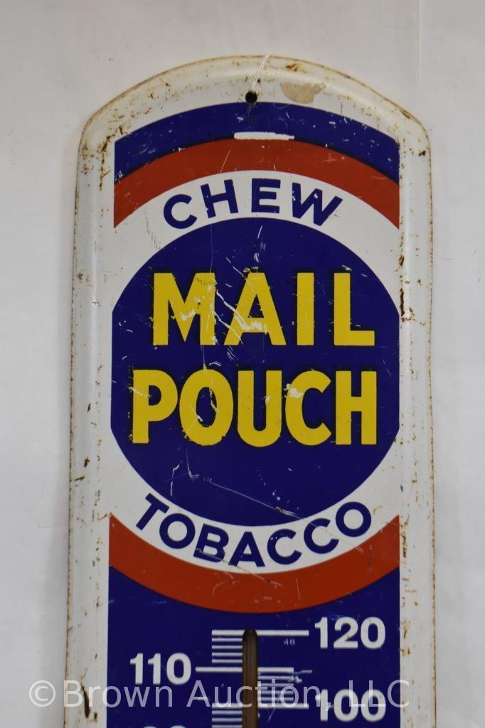 Mail Pouch Tobacco advertising tin thermometer, good mercury