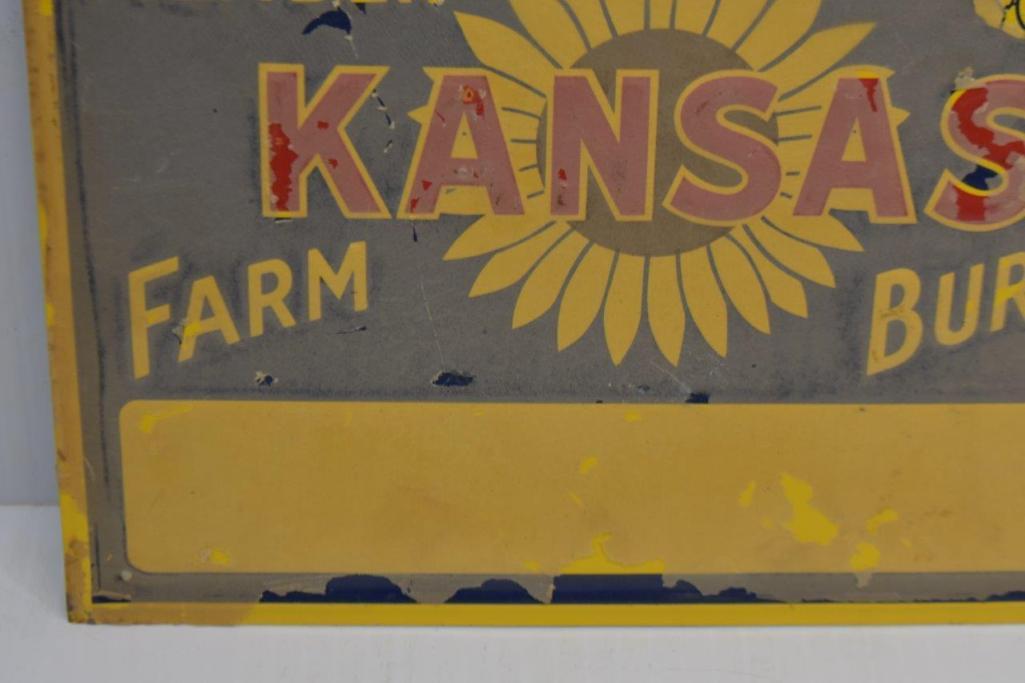 Kansas Farm Bureau single sided tin embossed NOS sign