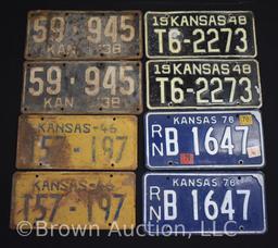 (4) pairs of Matching Kansas license tags - 1938, 1946, 1948, 1976