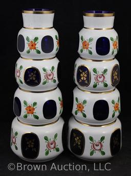 Pr. Bohemian Czech glass cobalt and white overlay 9" enamel vases