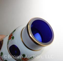 Pr. Bohemian Czech glass cobalt and white overlay 9" enamel vases