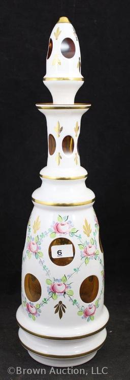 Bohemian Czech glass amber and white overlay 7 pc. enamel decanter set