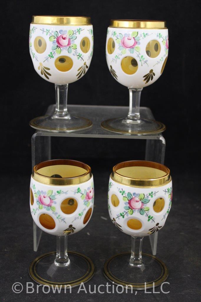 Bohemian Czech glass amber and white overlay 7 pc. enamel decanter set