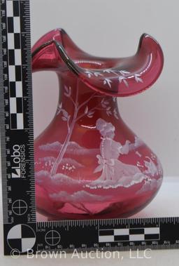 Fenton Mary Gregory 6.5" vase, cranberry