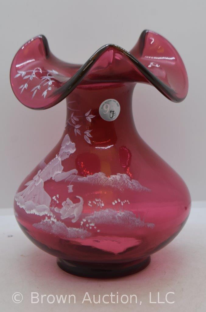 Fenton Mary Gregory 6.5" vase, cranberry