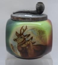 Mrkd. Handel 6" humidor with handpainted stag and doe scene, figural pipe lid finial