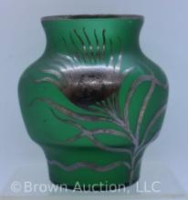 Art Glass 5.5" green vase with silver overlay thistle design