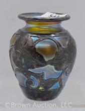 Loetz Art Glass 3" cabinet vase with Sterling silver overlay, irid. gold