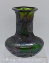 Loetz Art Glass 3.5" cabinet vase with Sterling silver overlay, irid. green